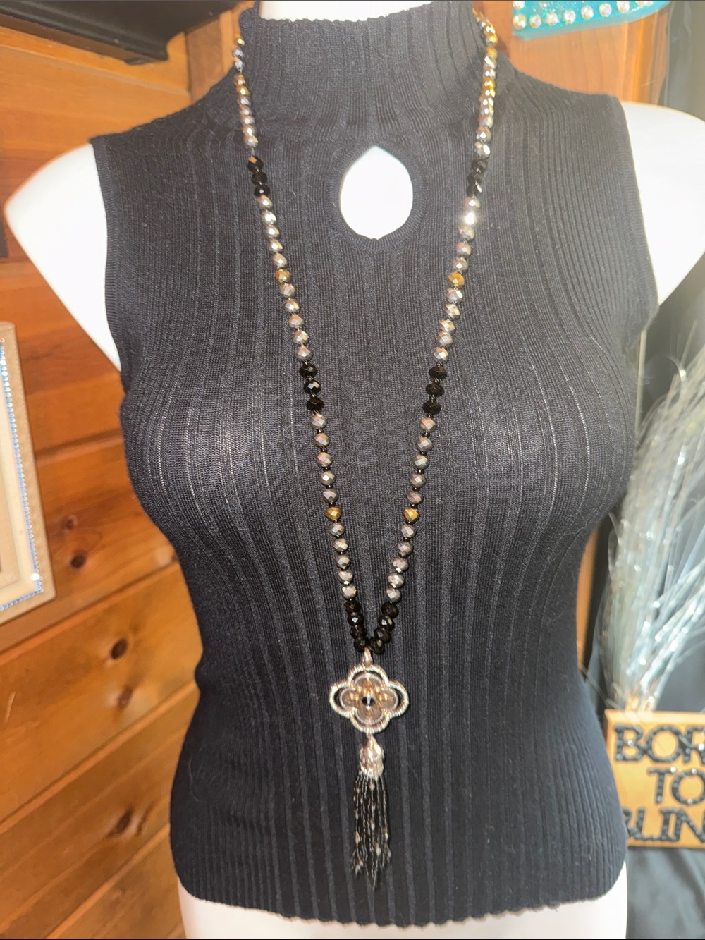 Beaded Tassel Pendant Necklace in Black and Gold